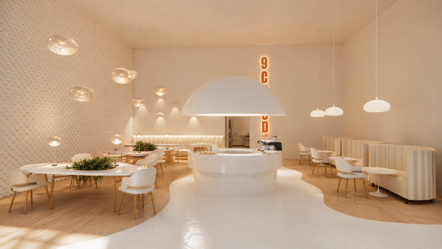 9 Cloud Café — concepto de cafetería con barra curva e iluminación cálida